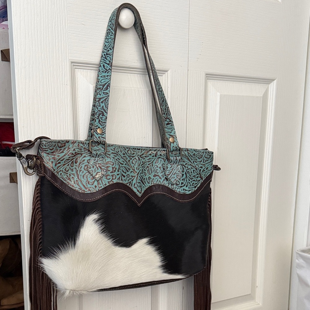 Myra Bag Turquoise and Black Tote with White Accent